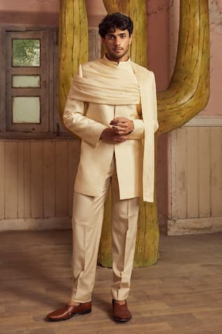 Piri India Beige Dupion Bandhgala & Pant Set 