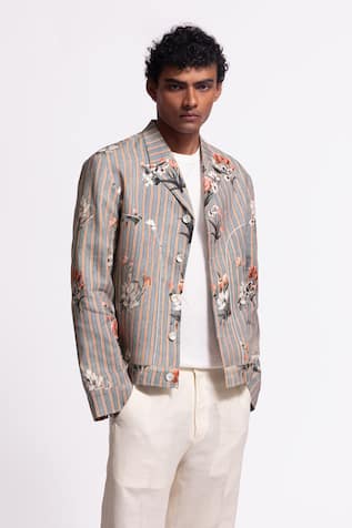 Balance by Rohit Bal Grey Striped Floral Designer Jacket 