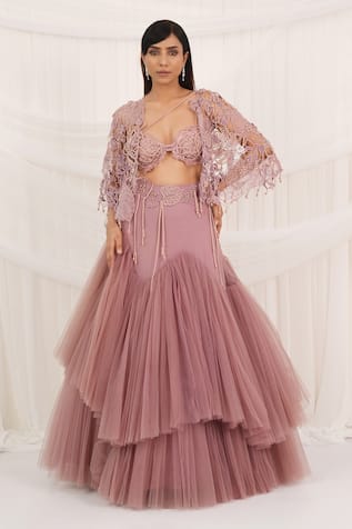 Aurouss Rose Tulle Embroidered Lehenga Set 