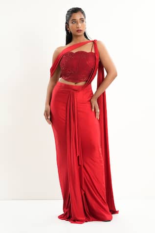 Aurouss Red Pre-Draped Saree With Blouse 