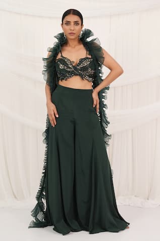 Aurouss Emerald Green Ruffled Cape & Palazzo Set 