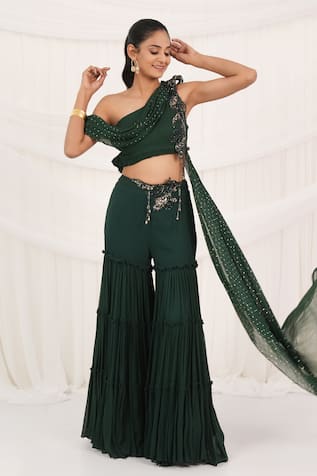 Aurouss Emerald Green Palazzo & Drape Top Set 