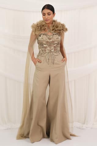Aurouss Beige Embellished Jumpsuit With Cape 