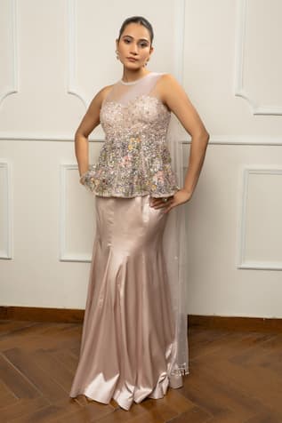Isha Regalia Beige Embroidered Top With Draped Skirt 
