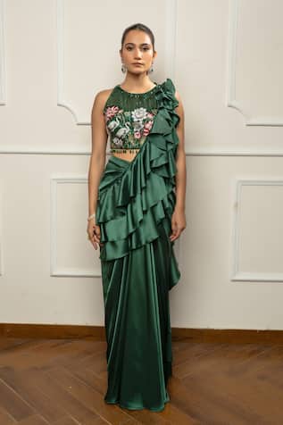 Isha Regalia Bottle Green Drape Saree Set 