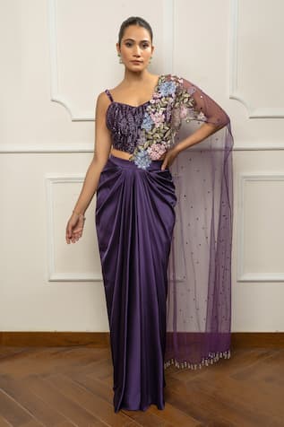 Isha Regalia Deep Purple Drape Saree Set 