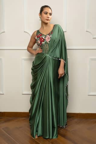 Isha Regalia Green Drape Saree Set 