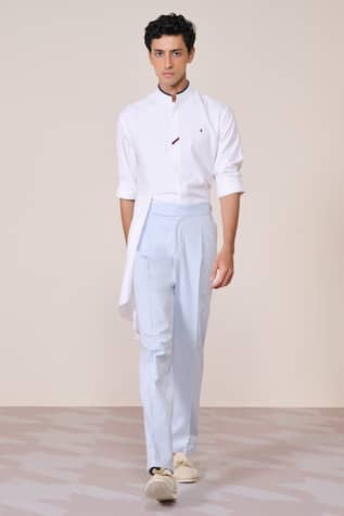 S & N By Shantnu Nikhil Light Blue Heavy Weight Linen Trousers 