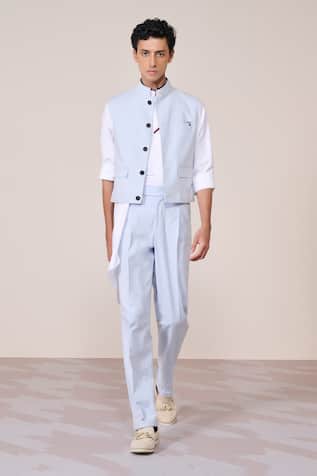S & N By Shantnu Nikhil Light Blue Minimalist Linen Waistcoat 