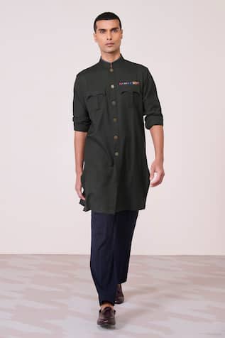 S & N By Shantnu Nikhil Military Green Minimalist Kurta 
