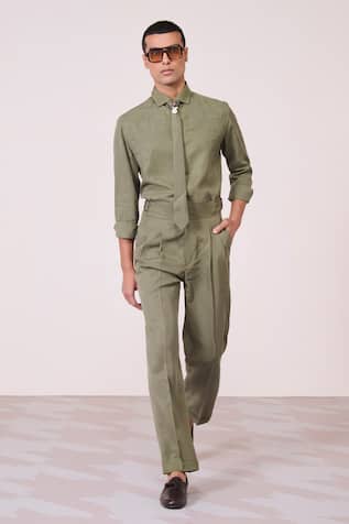 S & N By Shantnu Nikhil Olive Machine Embroidered Shirt 