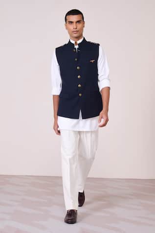 S & N By Shantnu Nikhil Navy Faux Leather Accent Waistcoat 