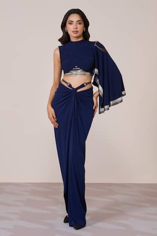 S & N By Shantnu Nikhil Navy One-Sleeve Draped Top 