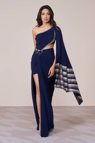 S & N By Shantnu Nikhil Navy One-Shoulder Saree Gown 