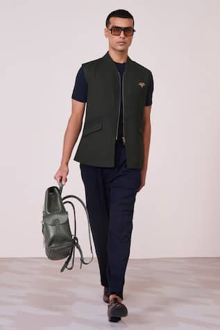 S & N By Shantnu Nikhil Olive Machine Embroidered Waistcoat 