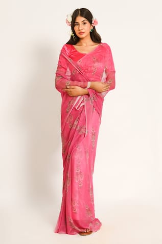 Ruar India Nandi Chiffon Pink Saree Set 