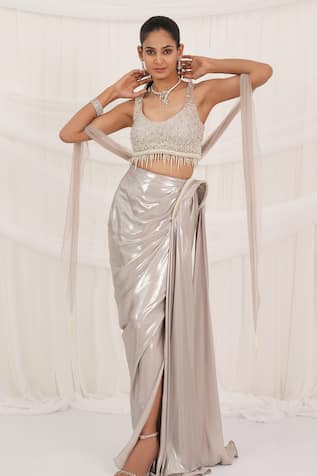 Aurouss Liquid Silver Draped Skirt Set 