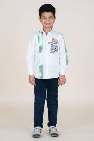 Little Boys Closet White Cotton Satin Shirt with Bear 