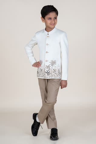 Little Boys Closet White Embroidered Bandhgala & Pant Set 