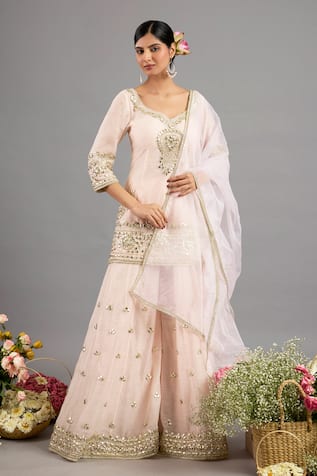 Saina Kapoor Peach Pink Embroidered Kurta Sharara Set 