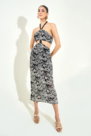 Qala Clothing Black Floral Halter Neck Dress 