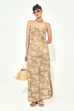 Qala Clothing Beige Floral Embroidered Maxi Dress 