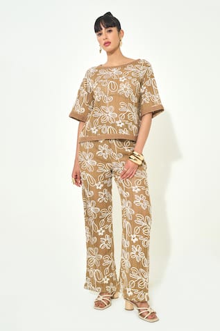 Qala Clothing Beige Floral Knit Top & Pant Set 