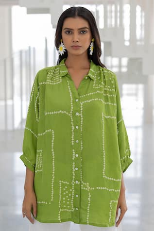 Silai Studio Terra Green Bandhej Silk Shirt 