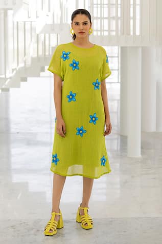 Silai Studio Avocado Mesh Embroidered Dress 