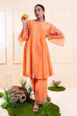 The White Tree Studio Peach Pleated Chanderi Kurta Co-ord Set 