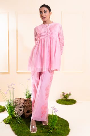 The White Tree Studio Pink Smocking Chanderi Pant Co-ord Set 