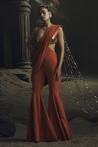 Nikhil Thampi Metallic Bead Embroidered Pant Saree with Blouse 