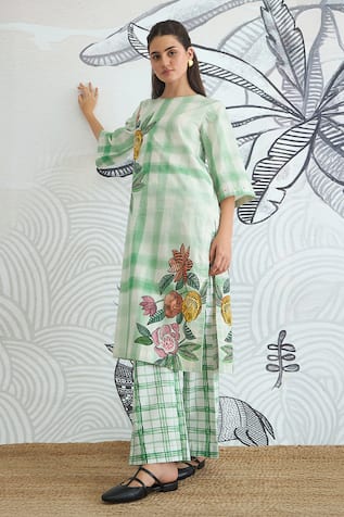 Shivani Bhargava Green Check Flower Placement Kurta 