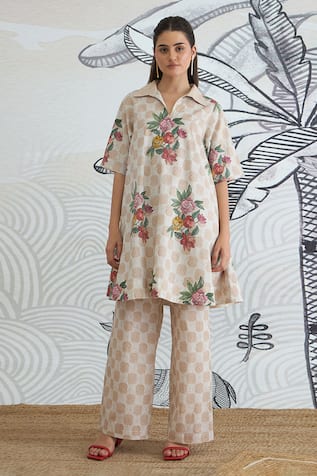 Shivani Bhargava Beige Check Flower Box Pleat Dress 