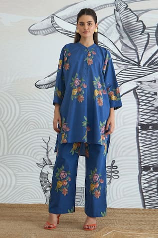 Shivani Bhargava Blue Flower Kimono Tunic & Pant Set 