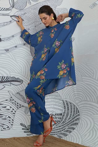 Shivani Bhargava Digital Print Blue Flower Kimono Tunic 
