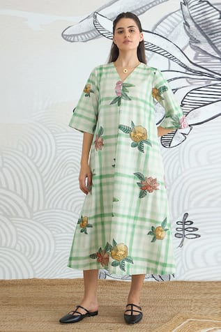 Shivani Bhargava Green Check V-Neck Long Dress 