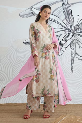 Shivani Bhargava Beige Check Flower V-Neck Kurta Set 