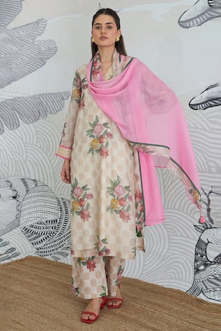 Shivani Bhargava Beige Digital Print V-Neck Kurta 