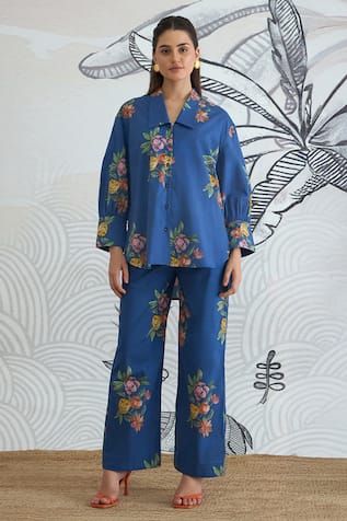 Shivani Bhargava Blue Flower Big Collar Shirt & Pant Set 