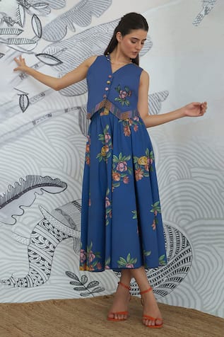 Shivani Bhargava Blue Embroidered Waistcoat & Flower Skirt 