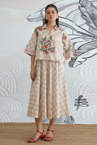 Shivani Bhargava Beige Check Flower Crop Shirt & Skirt 