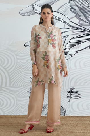 Shivani Bhargava Beige Check Flower Kimono Tunic & Pants 