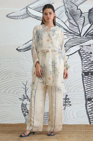 Shivani Bhargava Jungle Kimono Tunic with Blue Piping Pants 