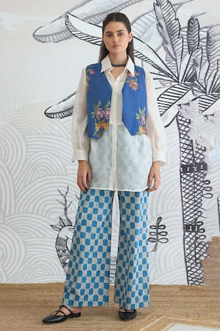 Shivani Bhargava Blue Floral Waistcoat & Check Pant Set 