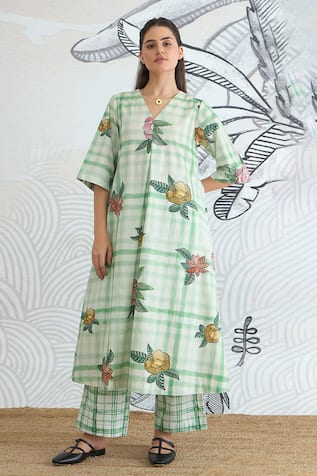 Shivani Bhargava Green Check Flower A-Line Kurta & Pant 