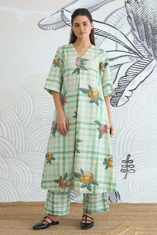 Shivani Bhargava Green Check Flower A-Line Kurta 