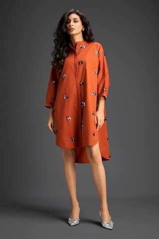 Deepika Arora Embroidered Orange Cotton Dress 