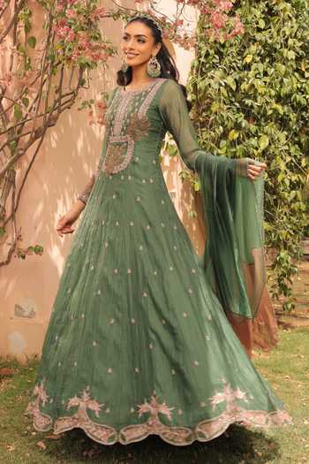 Label Astha Chhabra Jade Green Hand Embroidered Anarkali Set 