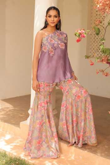 Label Astha Chhabra Lilac Embroidered Kaftan Tunic & Sharara Set 